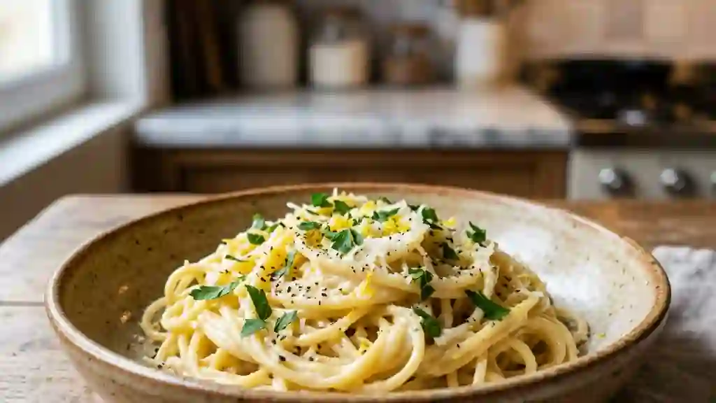 Pâtes crémeuses au citron et parmesan frais - Photo de présentation