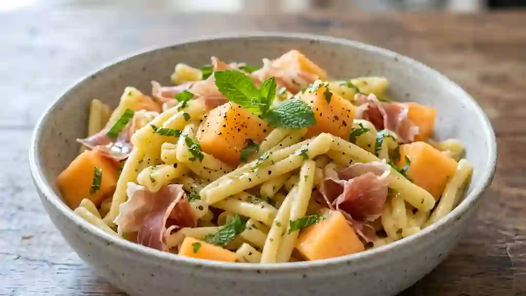 Pâtes au melon, jambon cru et menthe fraîche - Photo de présentation