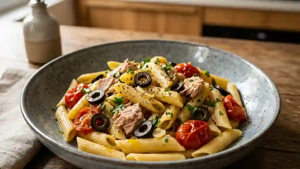 Pâtes au thon, olives et tomates fondantes - Photo de présentation