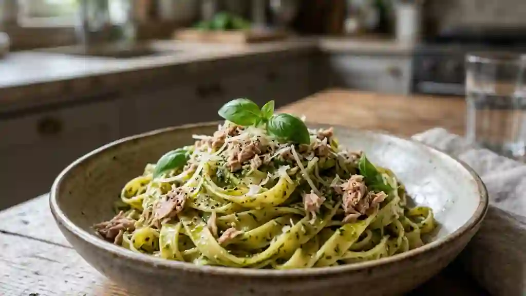 Pâtes au thon et pesto onctueux au parmesan - Photo de présentation