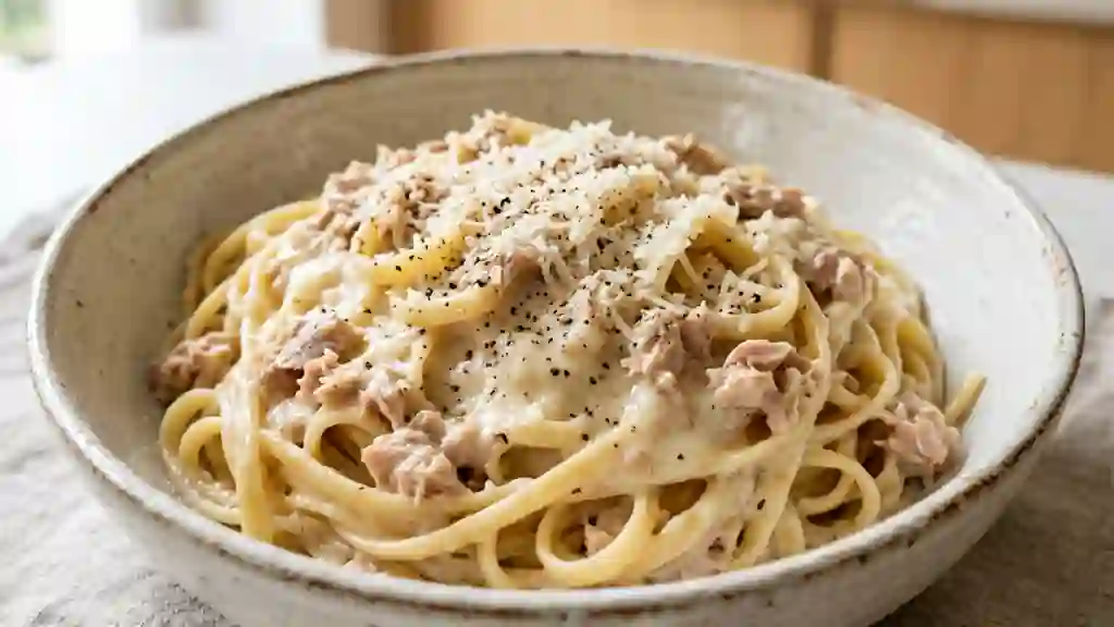 Pâtes au thon et béchamel crémeuse au parmesan - Photo de présentation