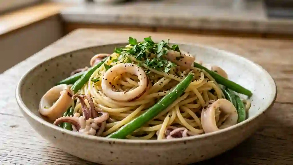 Pâtes aux calmars fondants et haricots frais - Photo de présentation