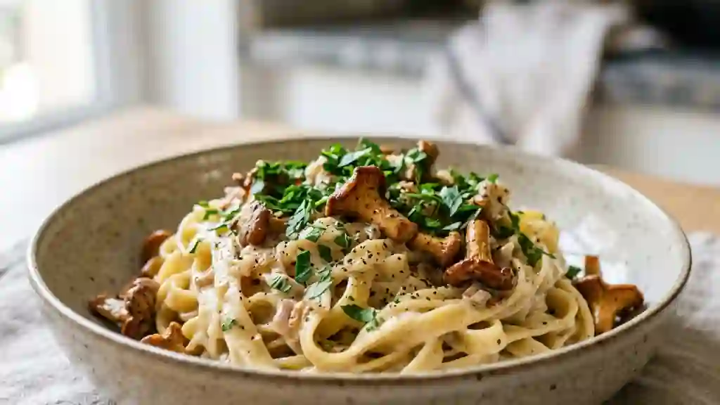 Pâtes crémeuses aux chanterelles et persillade - Photo de présentation