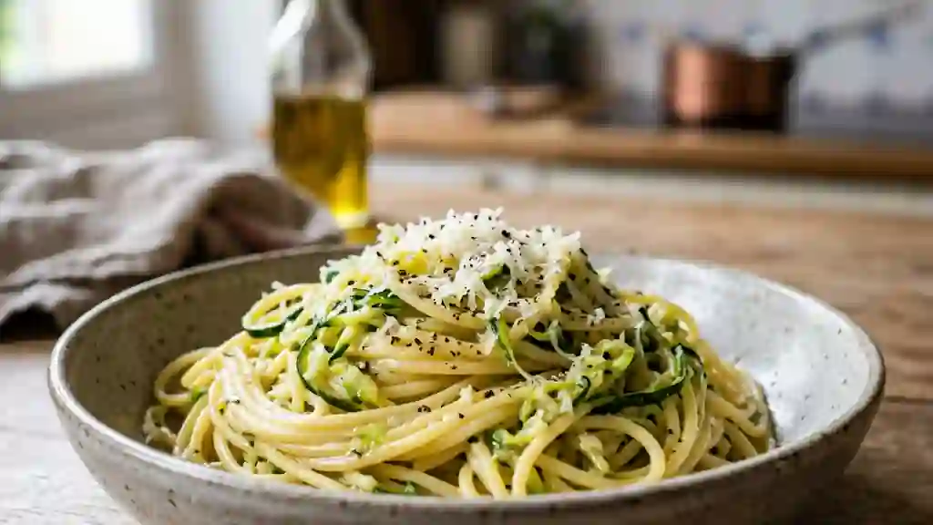 Pâtes crémeuses à la courgette et ail doré - Photo de présentation