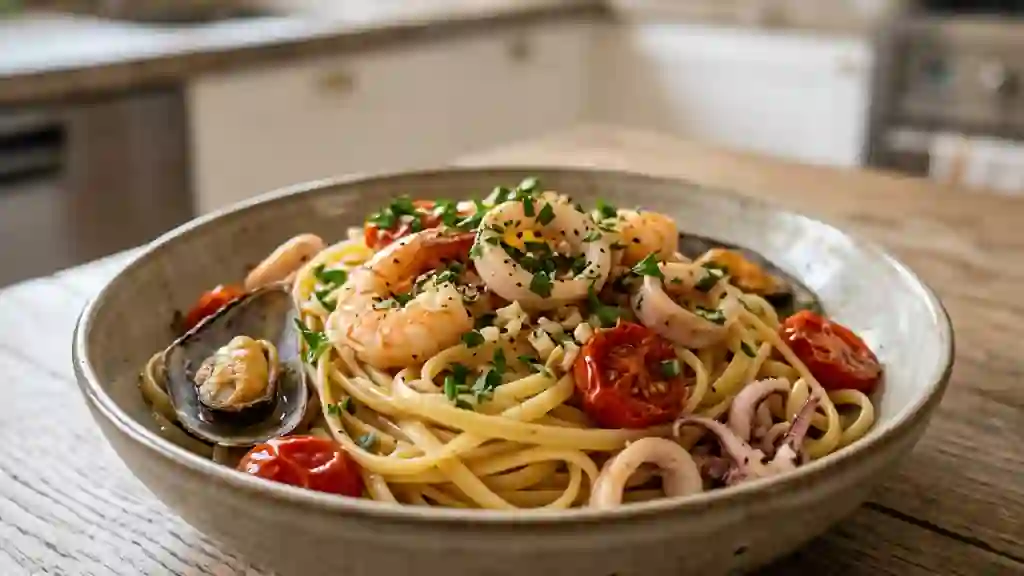 Linguine aux fruits de mer et vin blanc - Photo de présentation