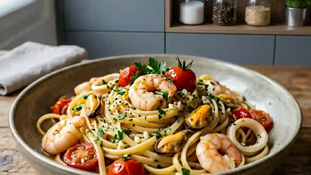 Linguine iodées aux fruits de mer et ail - Photo de présentation