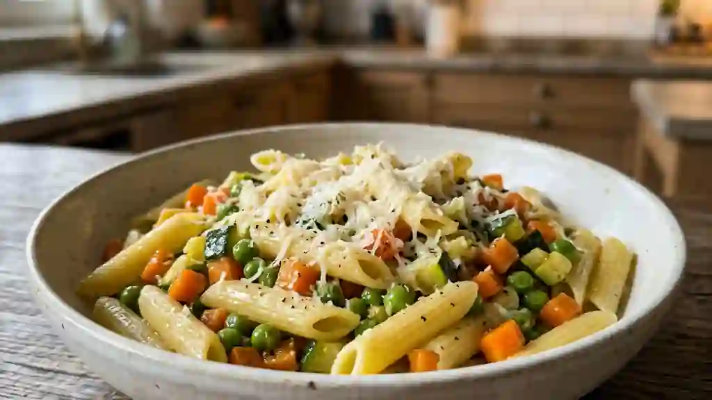 Pâtes aux légumes croquants et parmesan - Photo de présentation
