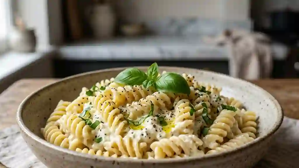 Pâtes crémeuses à la ricotta et basilic frais - Photo de présentation