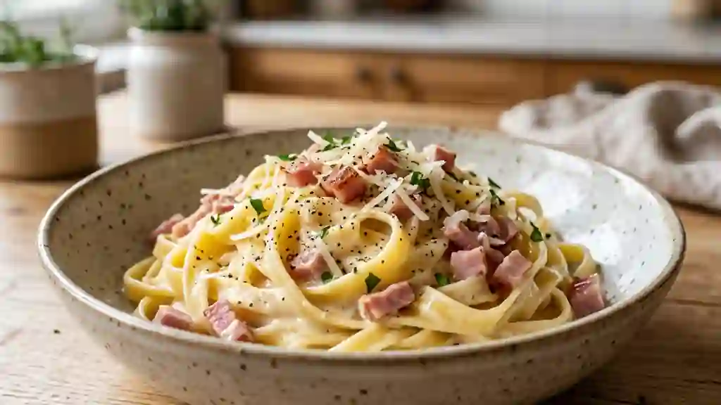 Pâtes crémeuses au parmesan et jambon - Photo de présentation