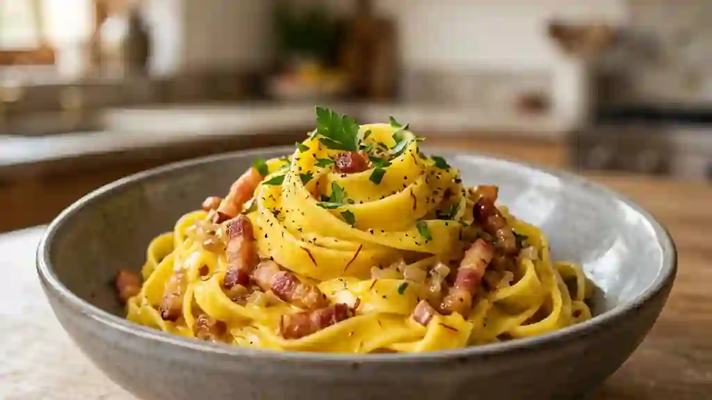 Pâtes au safran, crème soyeuse et lardons - Photo de présentation