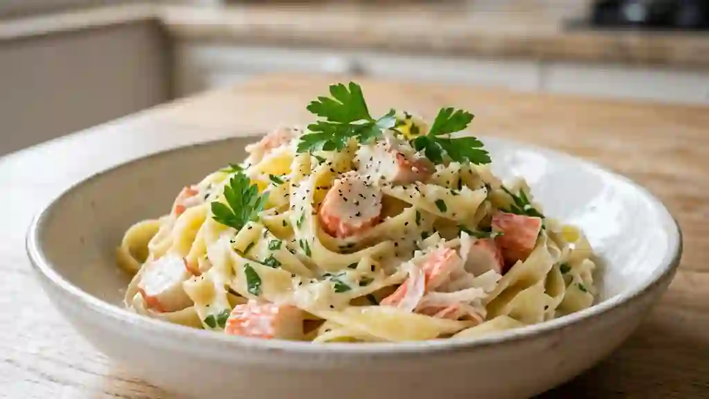Pâtes au surimi, crème onctueuse et ail - Photo de présentation
