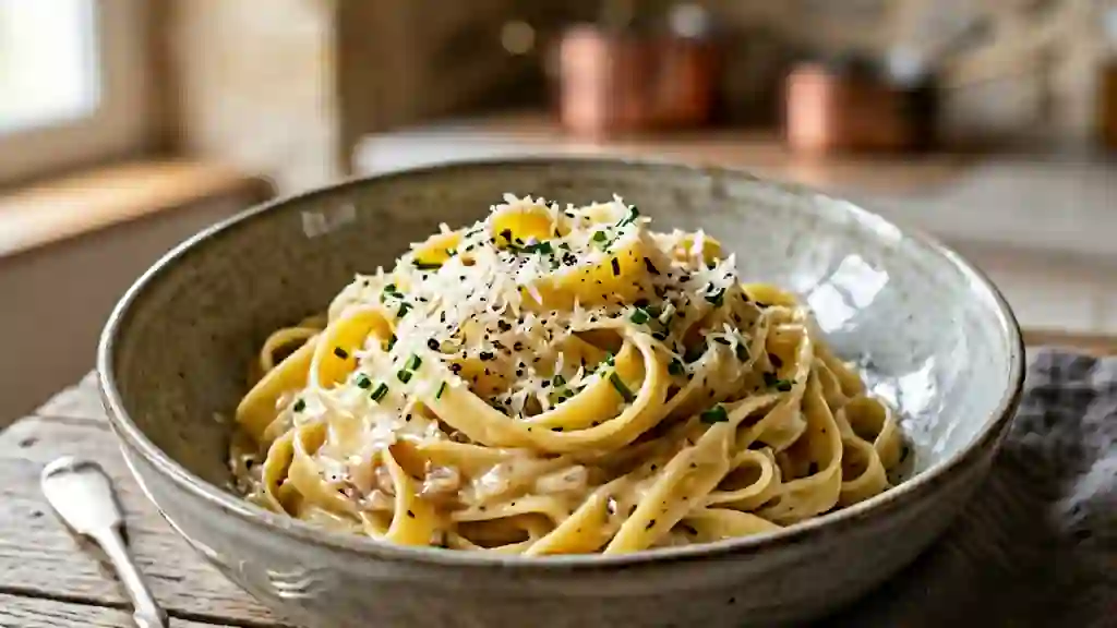Pâtes crémeuses au whisky et parmesan - Photo de présentation