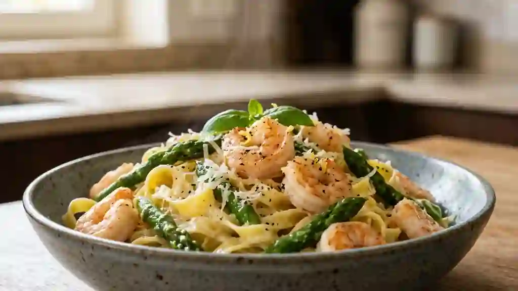 Pâtes crémeuses aux asperges et crevettes - Photo de présentation