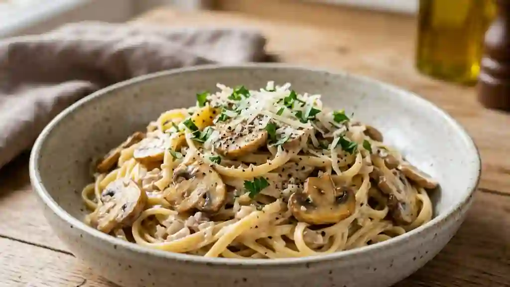 Pâtes onctueuses aux champignons et parmesan - Photo de présentation