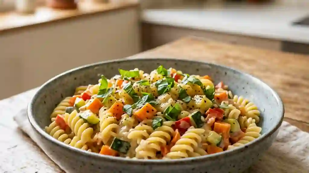 Pâtes crémeuses aux petits légumes croquants - Photo de présentation