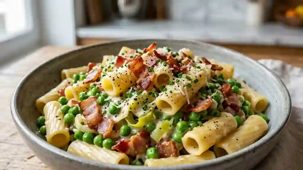 Pâtes crémeuses au bacon et poireaux fondants - Photo de présentation