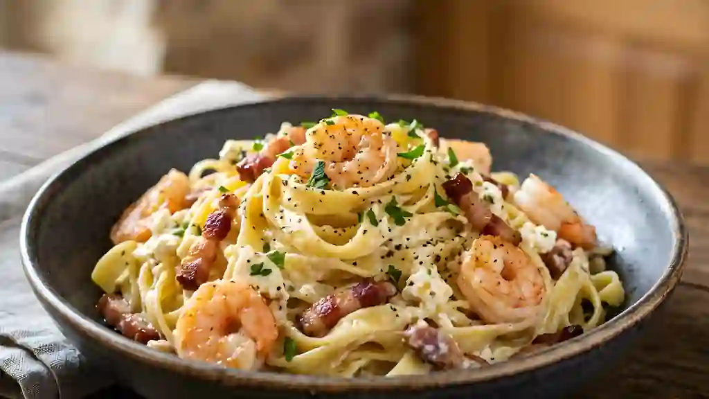 Pâtes crémeuses langoustines, lardons et feta - Photo de présentation