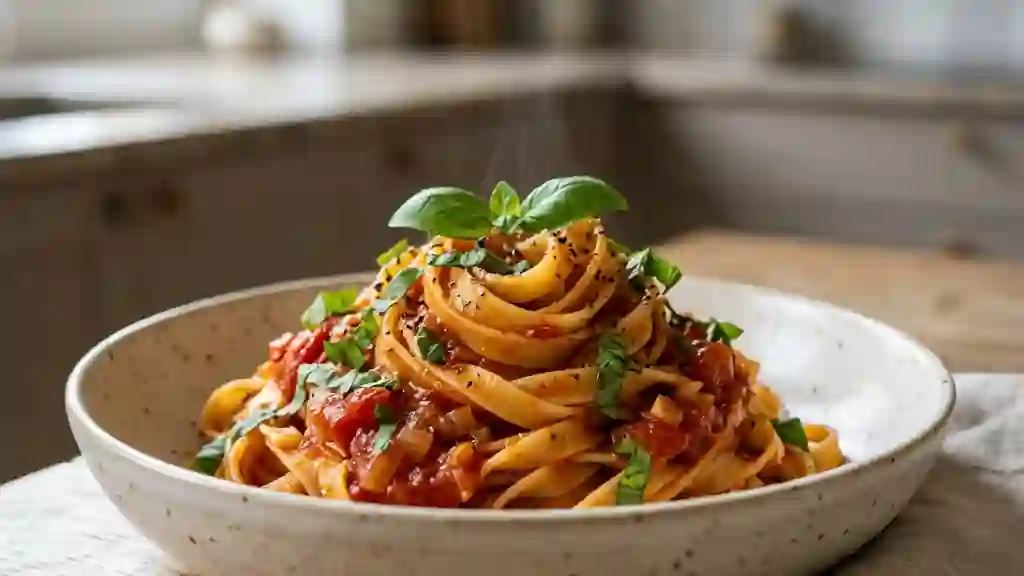 Pâtes fraîches, sauce tomate fondante et basilic - Photo de présentation