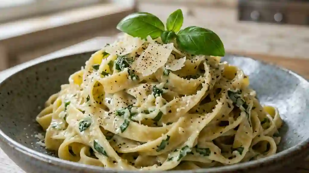Pâtes crémeuses au basilic frais et parmesan - Photo de présentation