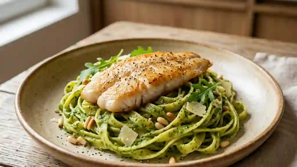 Pâtes soyeuses au pesto de roquette et sole - Photo de présentation
