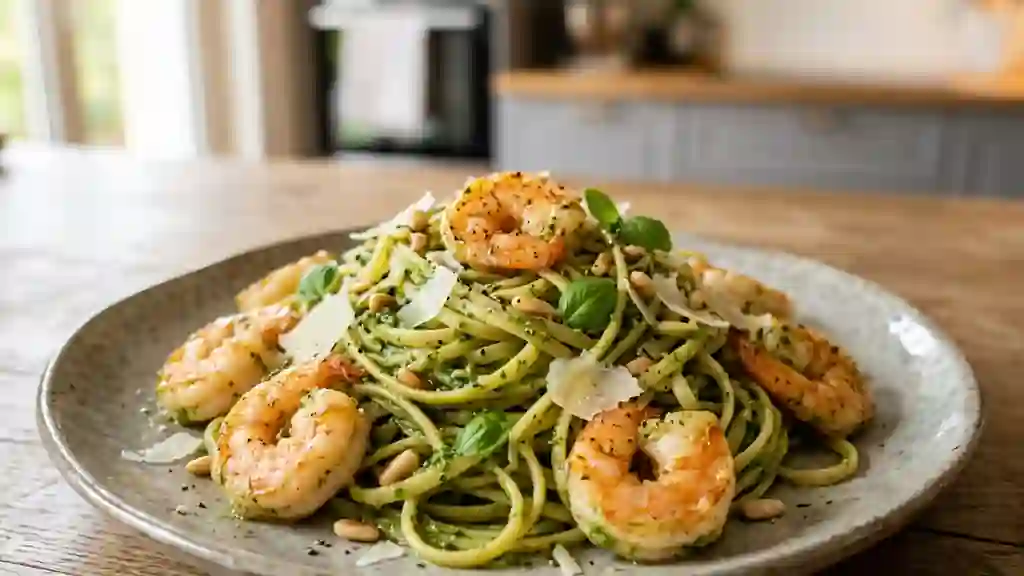 Pâtes au pistou frais et gambas dorées - Photo de présentation