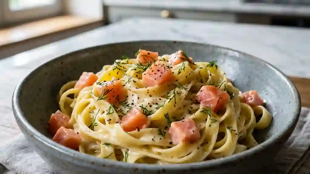 Pâtes fraîches au saumon, crème soyeuse à l'aneth - Photo de présentation