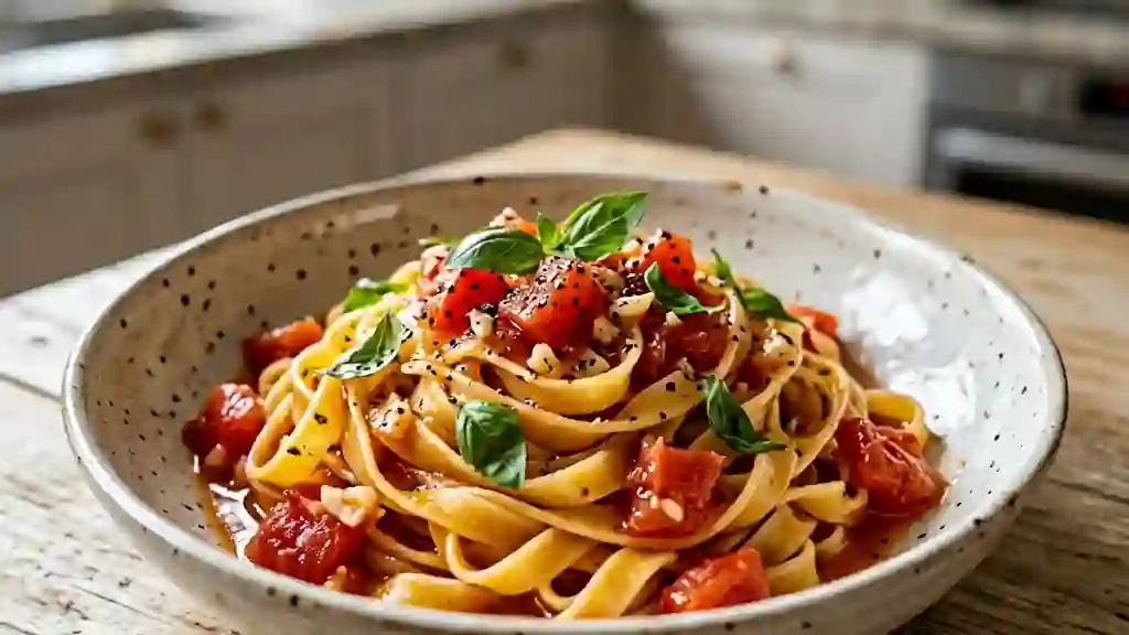 Pâtes al dente aux tomates fraîches et basilic - Photo de présentation