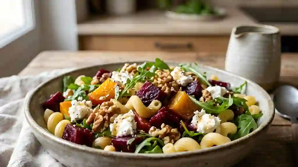Pâtes froides au chèvre frais et betterave - Photo de présentation
