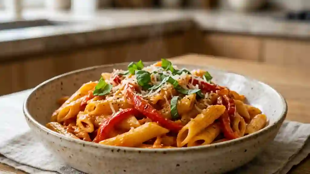 Penne crémeuses au poivron rouge fondant - Photo de présentation