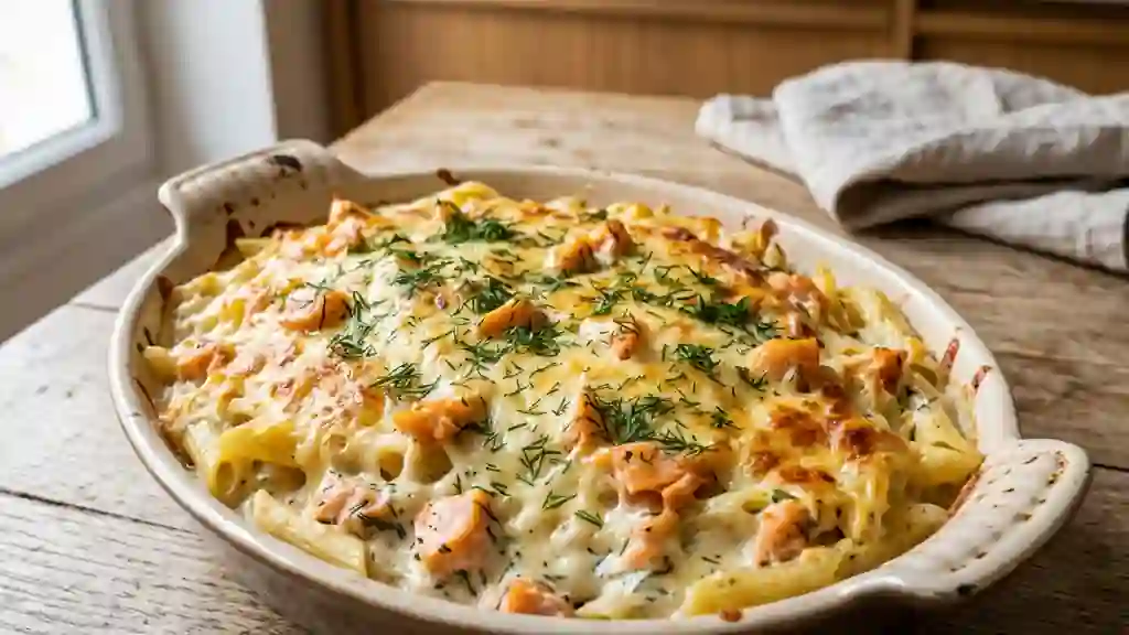 Pâtes gratinées au saumon fumé et à l'aneth - Photo de présentation