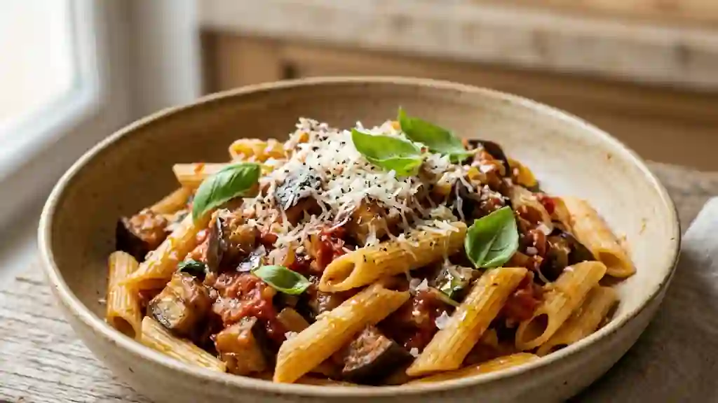 Pâtes fondantes aux aubergines et parmesan - Photo de présentation