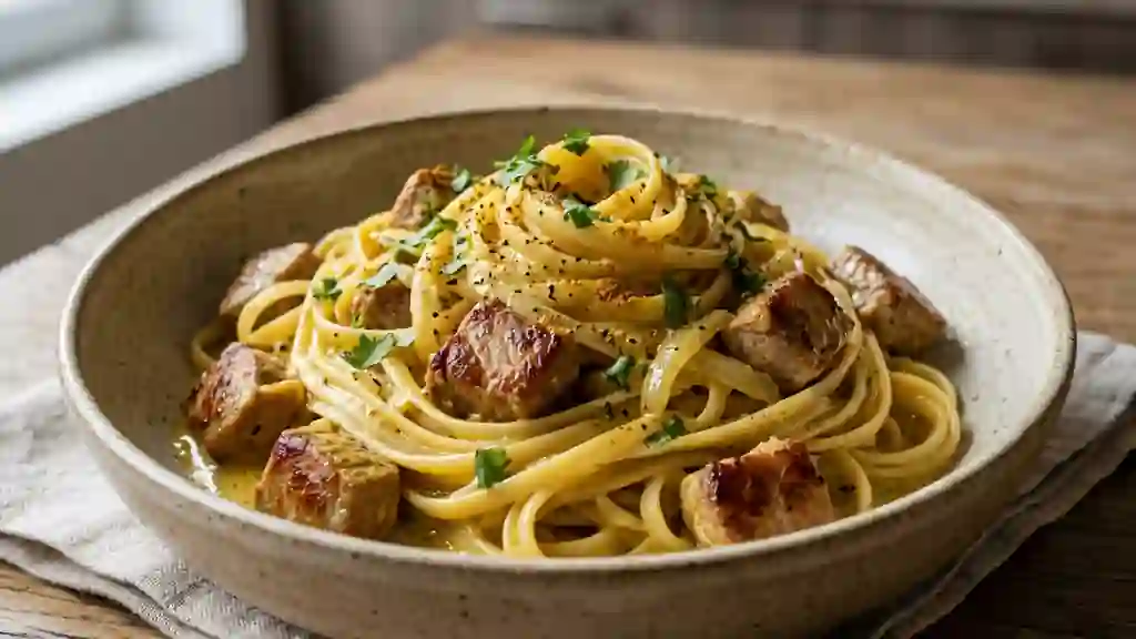 Pâtes crémeuses au porc et curry intense - Photo de présentation