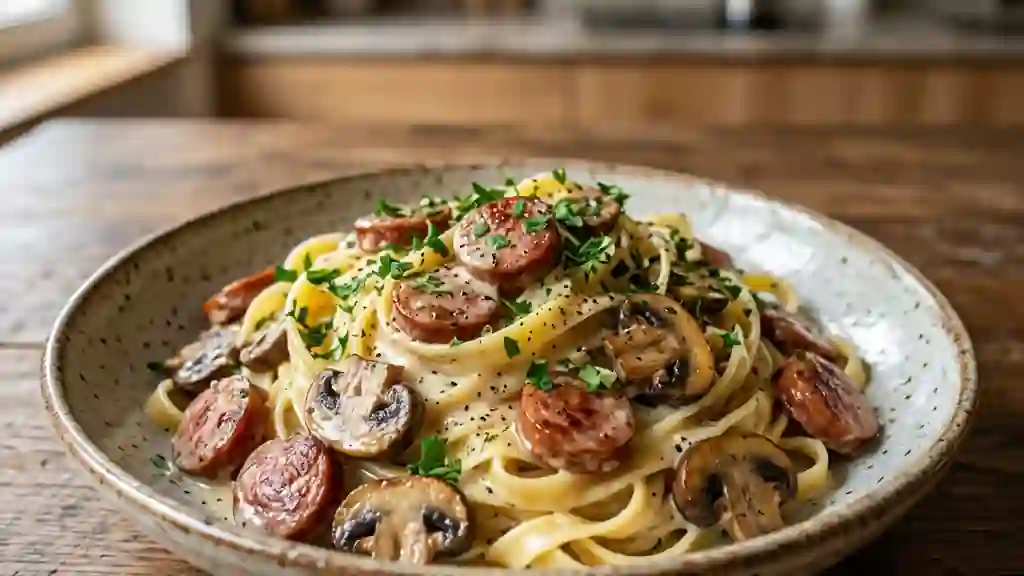 Pâtes onctueuses au saucisson fumé et champignons - Photo de présentation