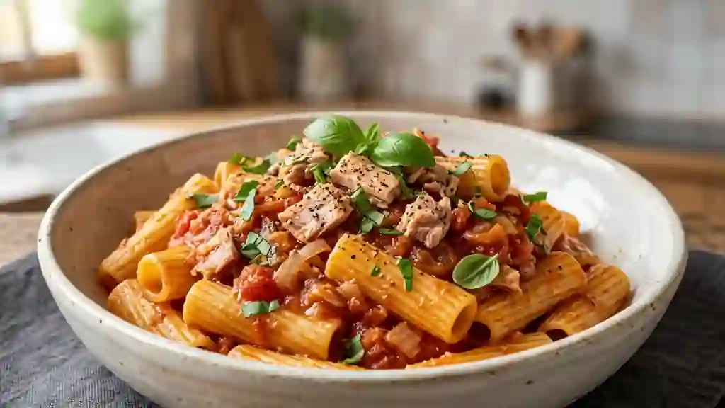 Pâtes au thon, sauce tomate onctueuse et basilic - Photo de présentation
