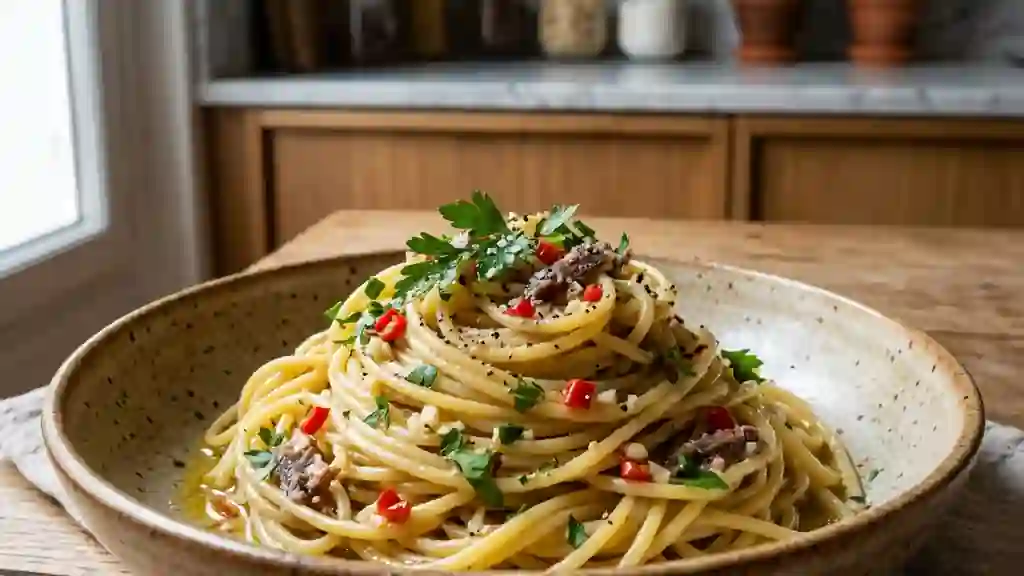Spaghetti aux anchois fondants et piment - Photo de présentation