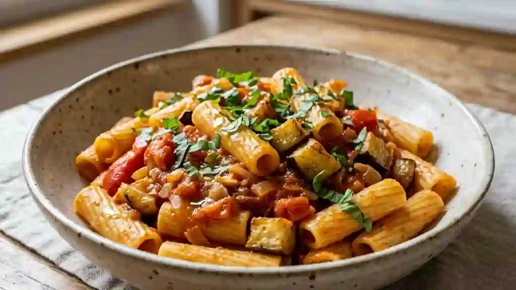 Pâtes aux aubergines fondantes et basilic frais - Photo de présentation