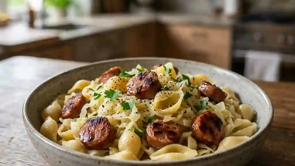 Pâtes crémeuses au chou et chipolatas - Photo de présentation