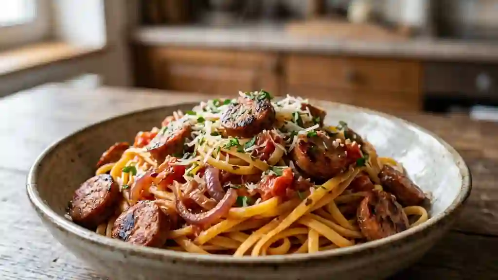 Penne aux merguez grillées et tomates fondues - Photo de présentation