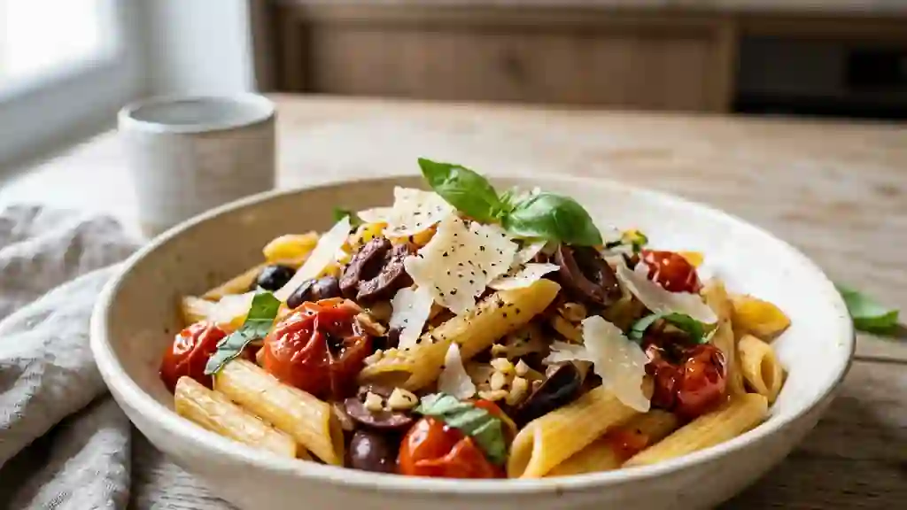 Penne fondantes aux olives et basilic frais - Photo de présentation