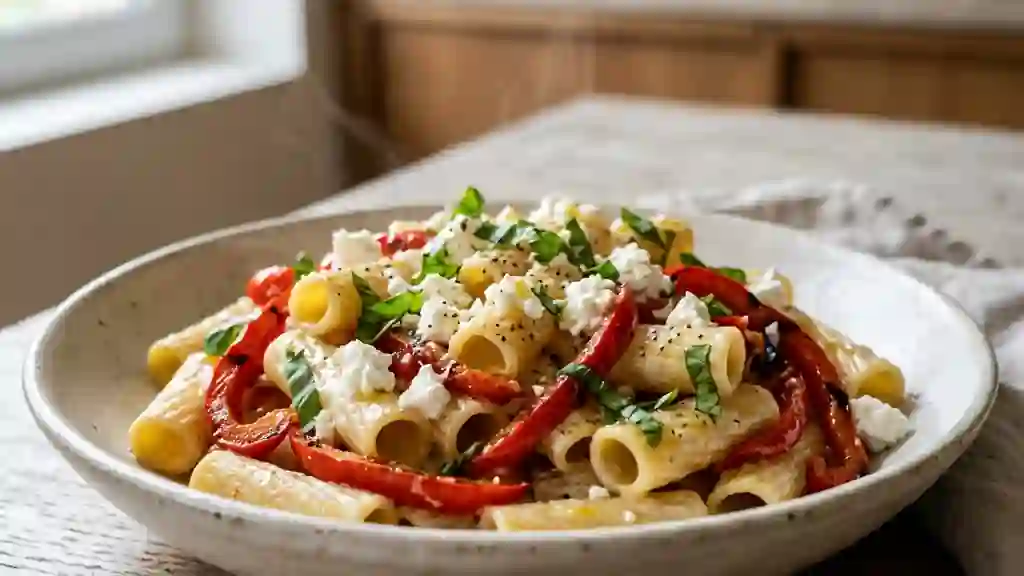 Pâtes fondantes au poivron et chèvre frais - Photo de présentation