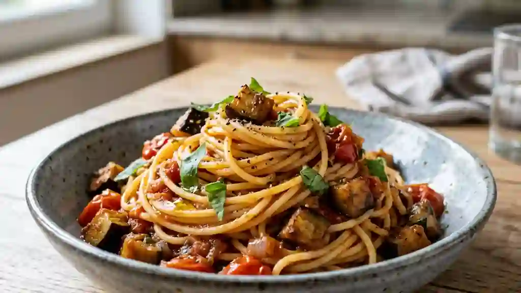 Pâtes aux aubergines fondantes et basilic - Photo de présentation