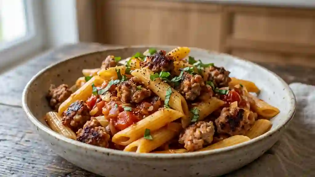 Penne à la saucisse cathare et tomates charnues - Photo de présentation