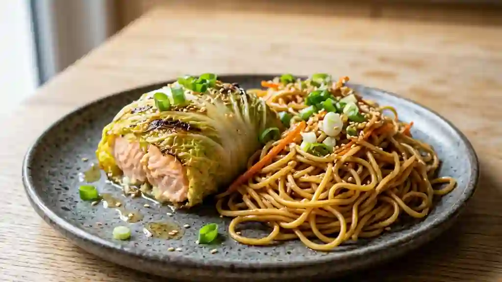 Paupiette de saumon fondante et nouilles au wok - Photo de présentation