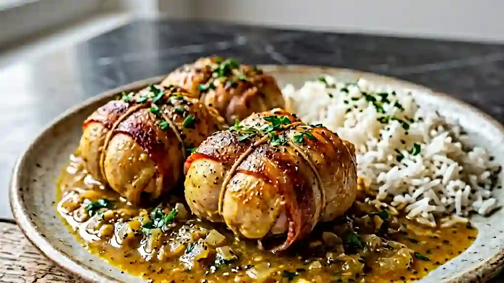 Paupiettes de poulet au colombo et lard fumé - Photo de présentation