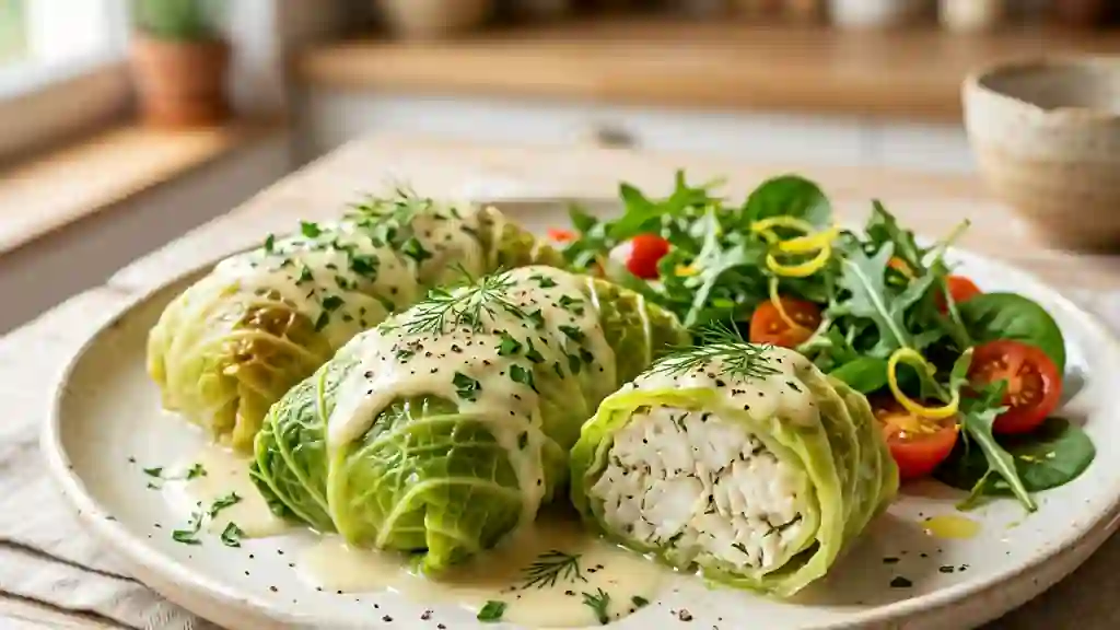 Paupiettes de cabillaud, chou vert et crème citron - Photo de présentation