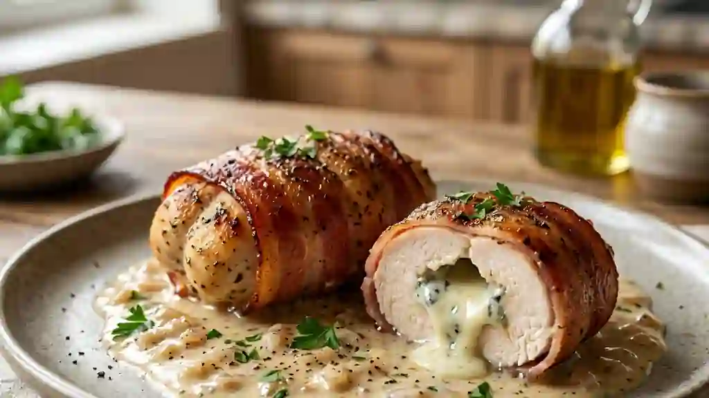 Paupiettes de poulet au bleu et lard croustillant - Photo de présentation