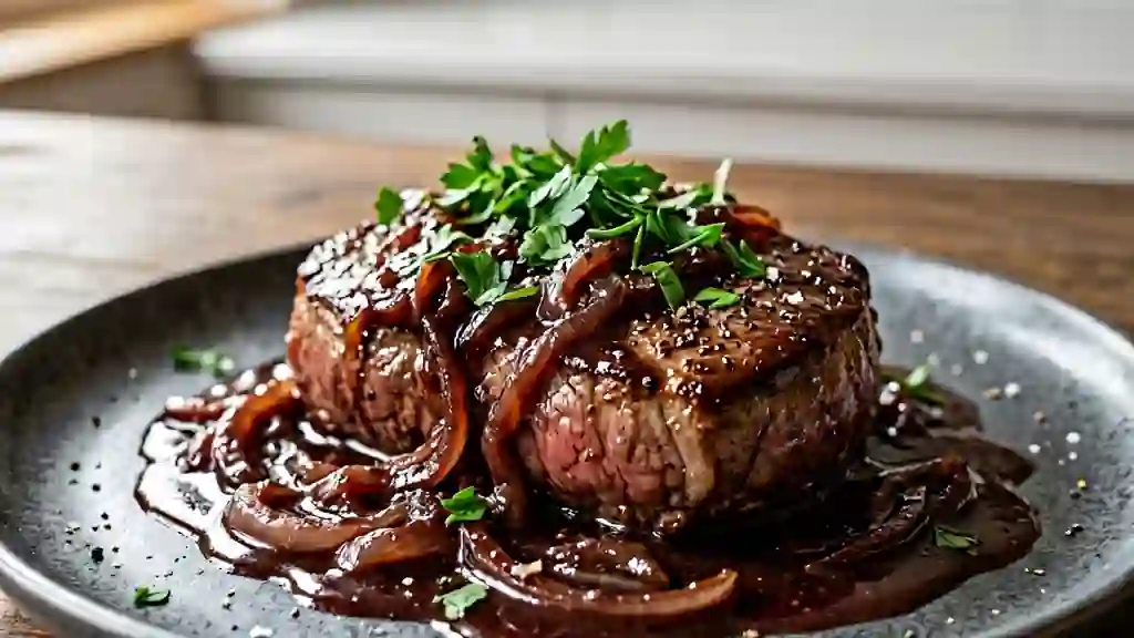 Pavé de bœuf juteux sauce au vin rouge - Photo de présentation