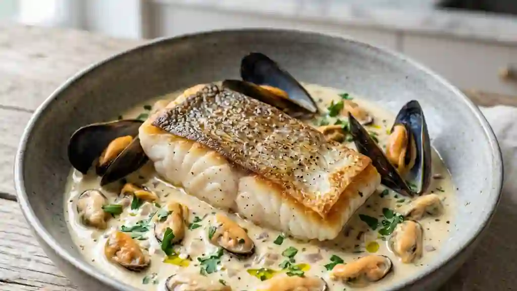 Pavé de cabillaud, sauce onctueuse aux moules - Photo de présentation