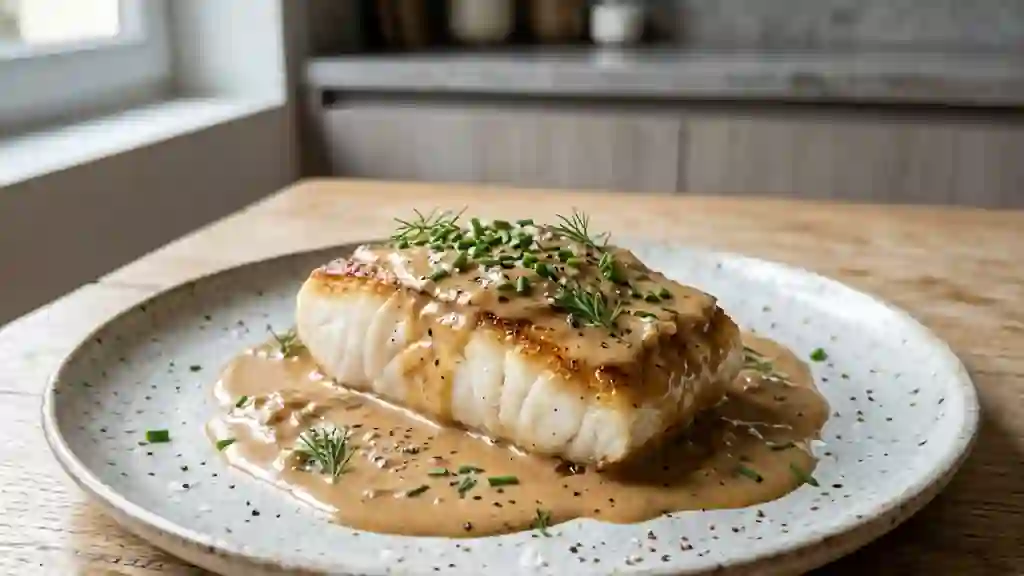 Pavé de poisson nacré et sauce onctueuse au café - Photo de présentation