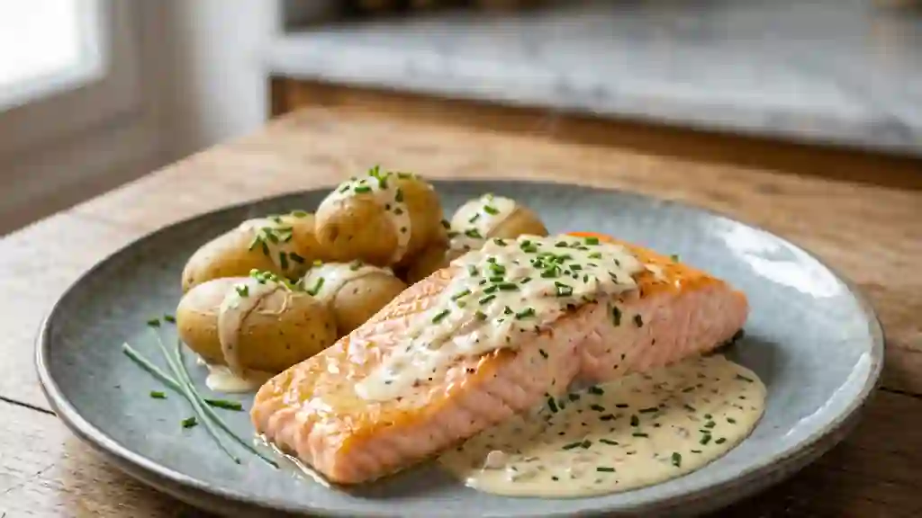 Saumon au four, sauce crémeuse au vin blanc - Photo de présentation